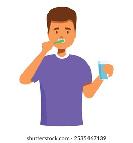 Young man is brushing his teeth with a toothbrush and holding a glass of water in his other hand