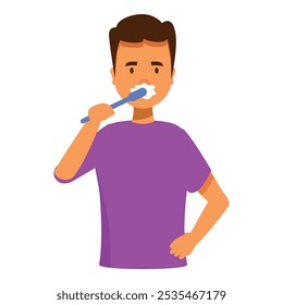 Young man is brushing his teeth with a toothbrush and toothpaste, taking care of his oral hygiene