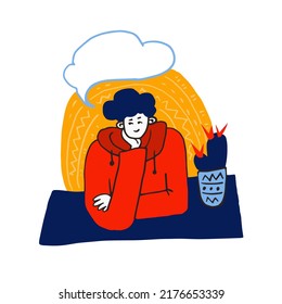 Young man with bubble dreaming about. Doodle cartoon style. Boy, teenage, student sitting and thinking about something. Hand drawn style trendy vector design illustration with cactus and table, desk