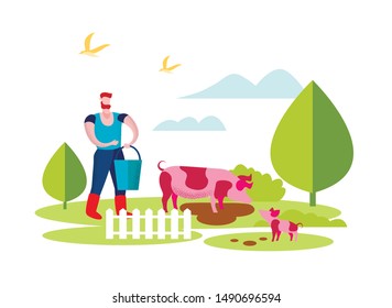 Young Man with Bucket Feeding Pigs in Livestock Isolated on White Background, Farmer Character at Work Process Caring of Domestic Animals at Farm. Agriculture, Rancher Cartoon Flat Vector Illustration