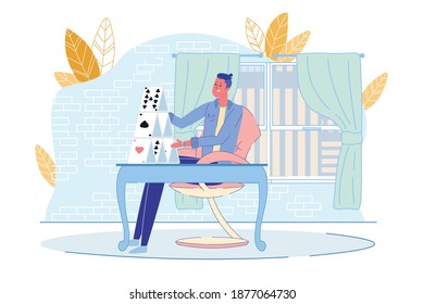 Young Man Building House from Playing Card at Home. Guy Sitting on Chair at Table in Living Room. Card-Castle Construction. Rest and Stress Relief. Funny Recreation. Vector Illustration