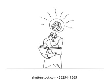 Young man with bulb head reading book in continuous one line drawing. Single line art illustration of brain,bulb head reading book. Editable vector.