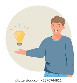 Young man with a bulb. Idea, business, startup, creativity, brainstorm concept illustration
