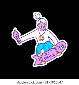 Young man with bun hairstyle holding ice cream and freestyle with skateboard illustration, with old style 90s cartoon drawings. Artwork for street wear, t shirt, patchworks; for teenagers clothes.