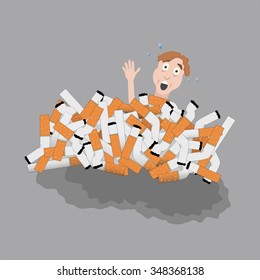 Young man buried in bunch of cigarettes. Bad habit vector illustration