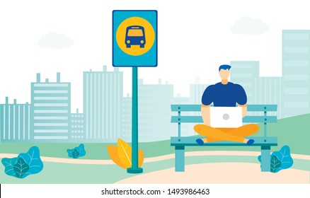 Young Man at Bus Stop Flat Vector Illustration. Male Student with Laptop Cartoon Character. Guy Sitting on Bench in Lotus Pose, Waiting for Public Transport. City Travel, Urban Trip, Journey