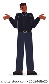 Young man in business clothes spreads hand shrugging shoulders looking puzzled