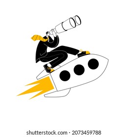 A young man in a business suit with binoculars is flying on a rocket. Vector illustration about the search for a successful idea.