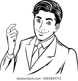 A young man in a business suit. Black and white portrait of a young man. Character avatar icon. Flat isolated illustration on white background. Pop art retro vector illustration.