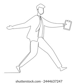 Young man in Business Suit carrying a notes while walking. Continuous line drawing in Business and finance concept vector illustration