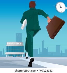 Young man in a business suit goes in the business center, in case one hand, and the other a sheaf of papers. Business meeting or go to work concept. Vector illustration