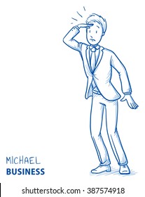 Young man in business suit holding a hand above his eyes, searching for something. Hand drawn line art cartoon vector illustration.