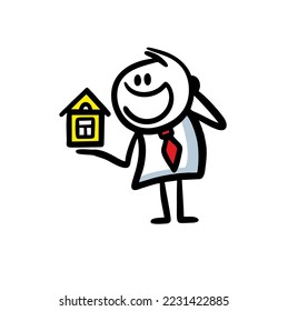 A young man in a business suit holds it on the palm of his hand and shows us the layout of the house. Vector illustration of a real estate seller, smiling happy realtor.