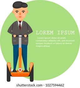 Young man in business suit on segway poster. Individual electric city transportation, mobile eco vehicle concept. Vector illustration with man character and space for text.