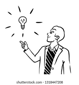 young man in business suit pointing upwards to light bulb, concept for idea. Hand drawn line art cartoon vector illustration.