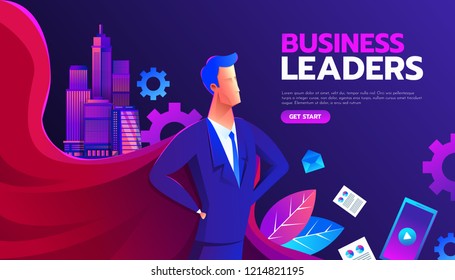 Young man in a business suit and red cape superhero standing in a confident pose with his arms on wrist. Business concept of leadership and success. Flat vector illustration.