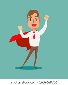 Young man in a business suit and red cape superhero standing in a confident pose with his arms crossed. Business concept of leadership and success. Flat vector illustration.