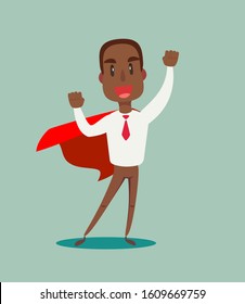 Young man in a business suit and red cape superhero standing in a confident pose with his arms crossed. Business concept of leadership and success. Flat vector illustration.