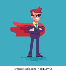 Young man in a business suit and red cape superhero standing in a confident pose with his arms crossed. Business concept of leadership and success. Flat vector illustration.
