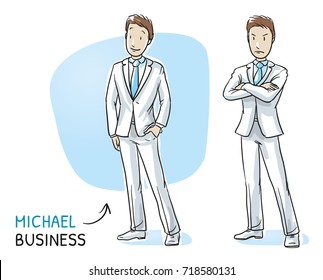 Young man in business suit standing in two emotions, happy and angry. Hand drawn cartoon sketch vector illustration, whiteboard marker style coloring. 