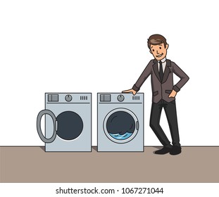 A young man in a business suit stands next to washing machines. Self-service Laundry or household appliance shop. Vector illustration on white background.