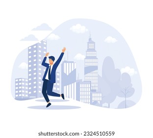 Jóven en traje de negocios, triunfando sobre su victoria o encontrando solución a su problema, saltando por alegría con su suerte, vector plano ilustración moderna