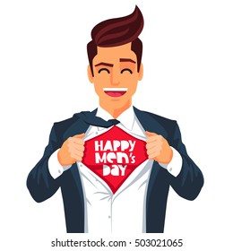Young man in a business suit wearing a tie with a white shirt. Vector illustration on white background. The concept of a successful businessman. Hero, ripping off his shirt. Quote Happy Men's Day.