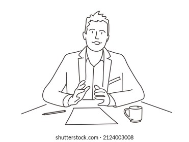 Young man, businessman. Dialog, communication, appeal to companion. Hand drawn vector illustration. Black and white.