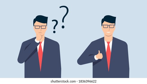 A young man, a businessman, doubts, makes the right decision. Vector illustration