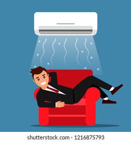 Young man businessman resting at home or in the office on the sofa with air conditioning. air cooling and climate control concept. Vector graphics