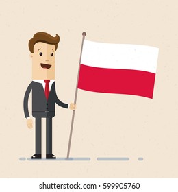 A young man, businessman stands with Poland (Warsaw) national flag in his hand.  Vector, illustration, flat
