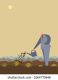 Young man, businessman, startup man grows up bitcoin cryptocurrency on bitcoin farm, mining.