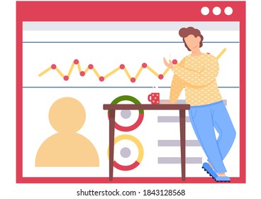 Young man businessman or student in casual clothes standing at full height at a table with a cup of coffee. Businessperson male character office worker or employee near banner with statistical graph