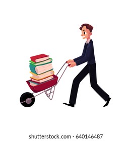 Young man, businessman, student, librarian pushing wheelbarrow with book pile, cartoon vector illustration isolated on white background. Man pushing wheelbarrow full of books, study, workload concept