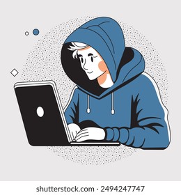 Young man busy hacking on a laptop. Cyber activity. Data searching.