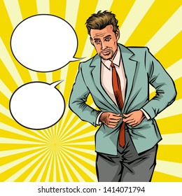 Young man buttoned suit. Pop art retro illustration comic cartoon kitsch drawing