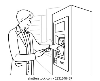 Young man buy ticket in machine at railway station. Smiling male press buttons using automat for tickets at stop. Vector illustration. 
