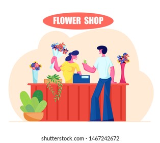 Young Man Buying Bouquet in Flower Shop. Saleswoman Giving Blossoms to Customer Visiting Floristic Store for Choosing and Buying Present, Florist Profession, Job. Cartoon Flat Vector Illustration