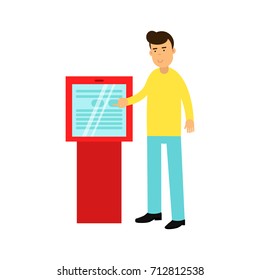 Young man buying cinema tickets in touchscreen automatic machine vector Illustration