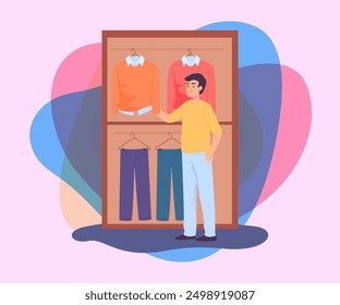 Young man buying clothes in retail store flat vector illustration. Cartoon male character choosing outfit. Fashion, shopping mall concept for banner or landing page