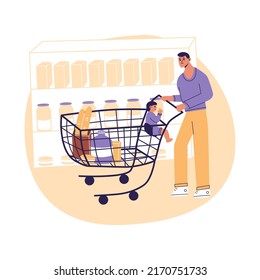 Young man buying food grocery section at supermarket. Father with child boy inside shopping cart. Daily routine. Flat cartoon vector illustrtion, trendy colors, isolated on white background.