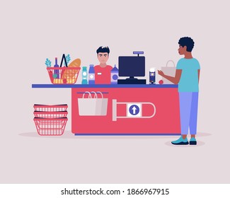 Young man buying groceries at the supermarket checkout. Colorful flat vector illustration