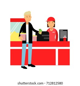 Young man buying popcorn in cinema theatre vector Illustration