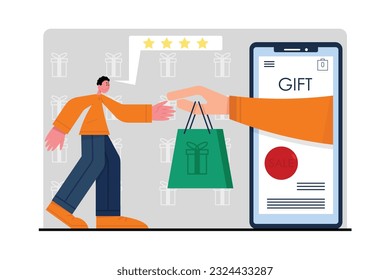 Young man buys gift online. Product rating in mobile application. Payment for purchase and delivery of gift over phone. Saving personal expenses. Color vector illustration