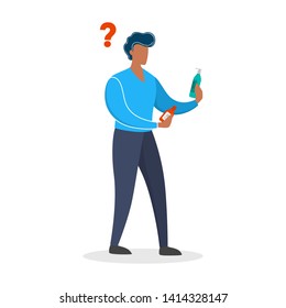 Young man byuer choosing what to buy. Customer in the shop holding two bottles of shampoo. Big assortment. solated flat vector illustration