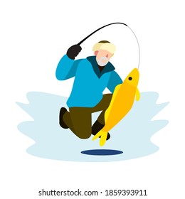 Young man caching yellow fish concept illustration. Ice fishing vector design in flat style