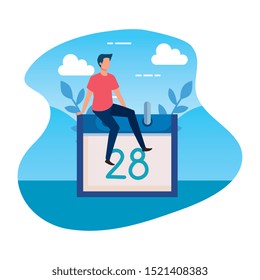 young man with calendar reminder in landscape vector illustration design