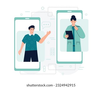 Young man calling to doctor, asking about treatment, doctor giving advice. Online doctor occupation. Giving consultations to patients online. Vector flat illustration in blue colors