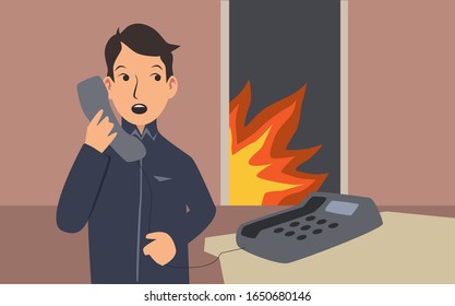 Young man calling for help oh a phone from apartment with fire in it. Fire safety measures. Cartoon flat vector illustration. Horizontal.