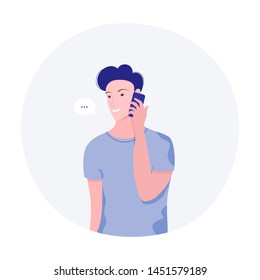 Young man calling mobile phone. Boy talking on the smartphone. Trendy flat style. Vector illustration.
